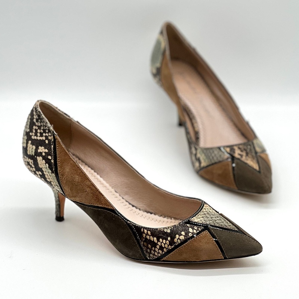 JEAN-MICHEL CAZABAT Pointy Toe Pumps 37 Brown Patchwork Snakeskin Suede Heel